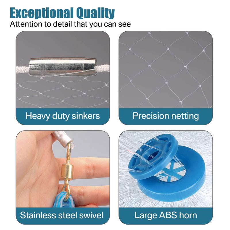 Yeahmart American Saltwater Fishing Cast Net for Bait Trap Fish 8ft Radius Casting Nets with Heavy Duty Real Zinc Sinker Weights, 3/8inch Mesh Size - Image 3